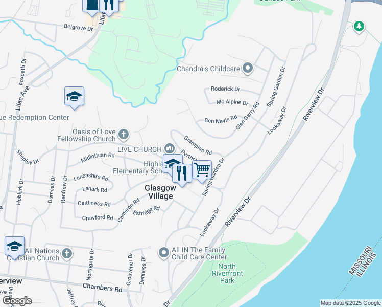 map of restaurants, bars, coffee shops, grocery stores, and more near 153 Perthshire Road in St. Louis