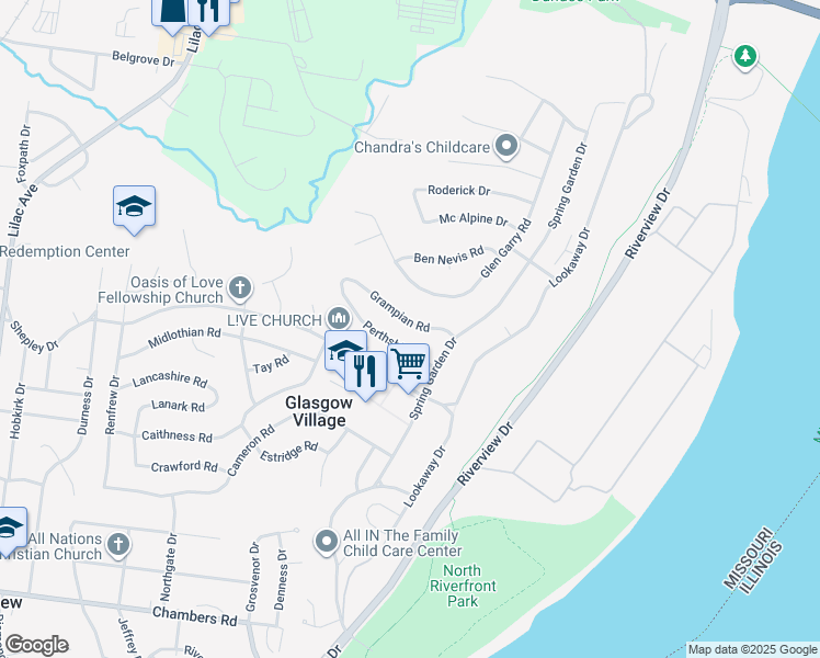 map of restaurants, bars, coffee shops, grocery stores, and more near 125 Perthshire Road in St. Louis