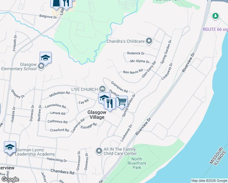 map of restaurants, bars, coffee shops, grocery stores, and more near 157 Perthshire Road in St. Louis