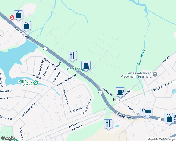 map of restaurants, bars, coffee shops, grocery stores, and more near 16813 Coastal Highway in Lewes