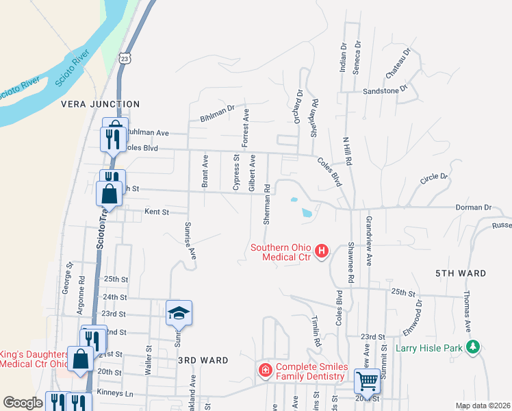 map of restaurants, bars, coffee shops, grocery stores, and more near 2725 Sherman Road in Portsmouth