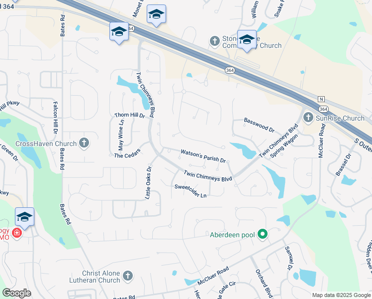 map of restaurants, bars, coffee shops, grocery stores, and more near 7271 Watson's Parish Drive in O'Fallon