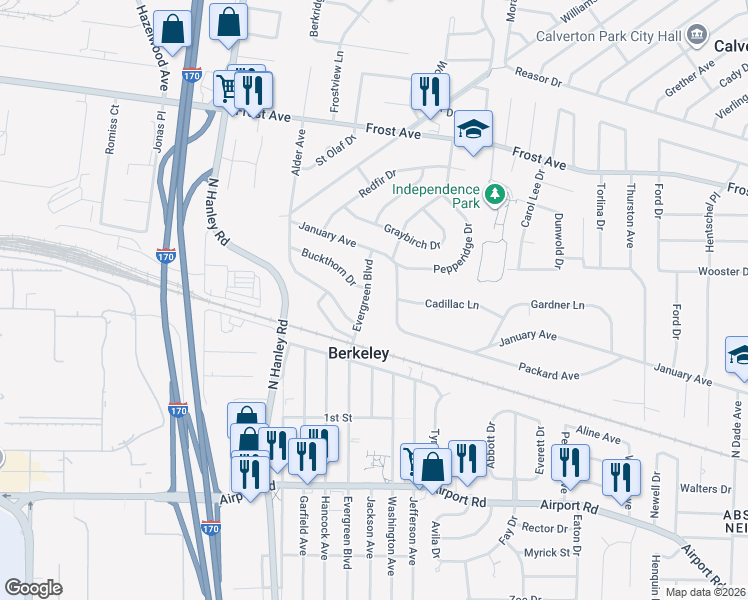 map of restaurants, bars, coffee shops, grocery stores, and more near 6442 Evergreen Boulevard in St. Louis