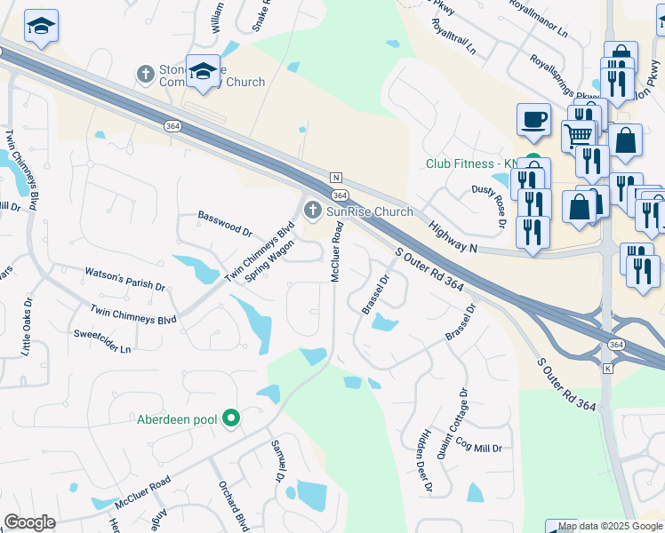 map of restaurants, bars, coffee shops, grocery stores, and more near 17 Coach Line Drive in Dardenne Prairie