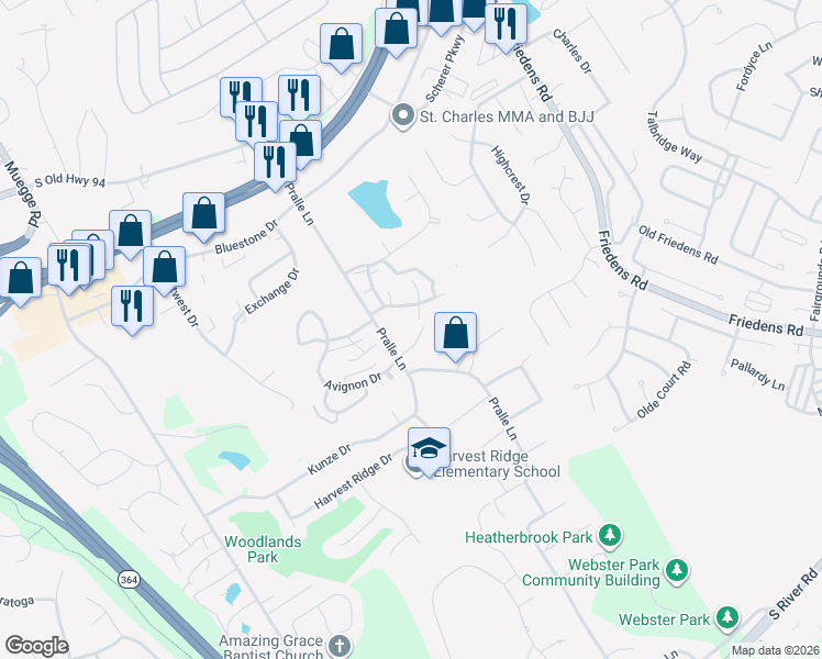 map of restaurants, bars, coffee shops, grocery stores, and more near 25 Jackson Place in St. Charles