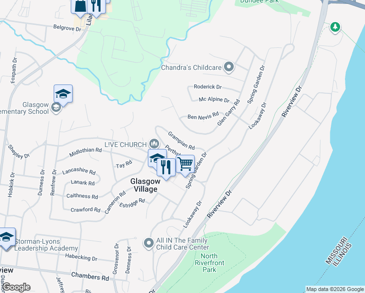 map of restaurants, bars, coffee shops, grocery stores, and more near 153 Grampian Road in St. Louis