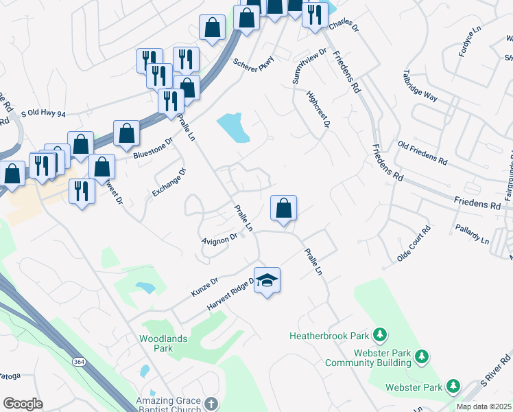 map of restaurants, bars, coffee shops, grocery stores, and more near 17 Sugar Maple Lane in Saint Charles