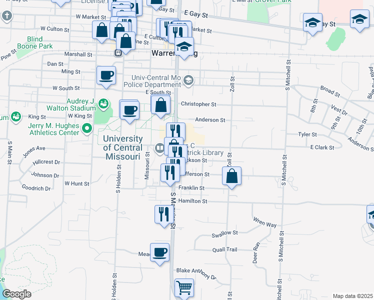 map of restaurants, bars, coffee shops, grocery stores, and more near 523 South Maguire Street in Warrensburg