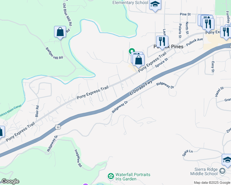 map of restaurants, bars, coffee shops, grocery stores, and more near 6068 Pony Express Trail in Pollock Pines
