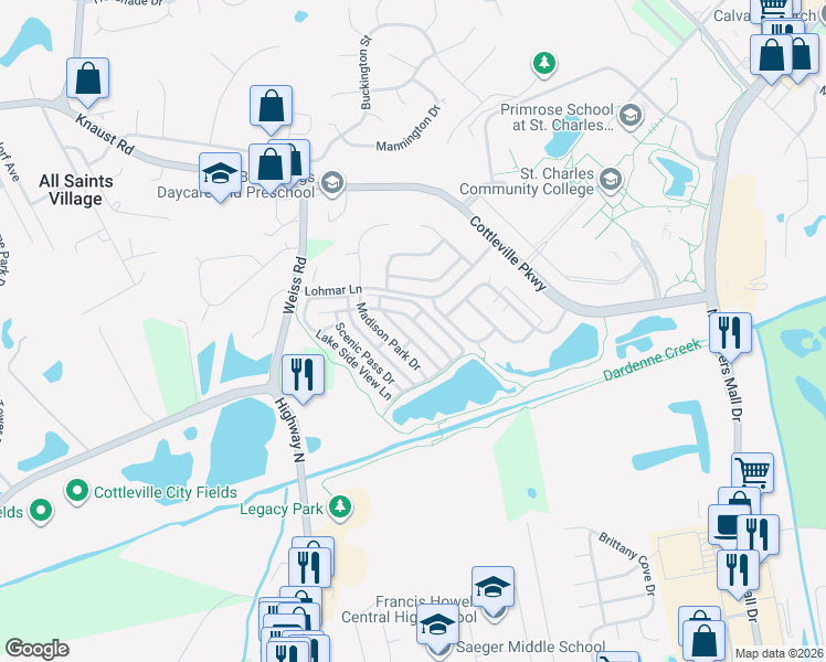 map of restaurants, bars, coffee shops, grocery stores, and more near 319 Lake Side View Lane in St. Peters
