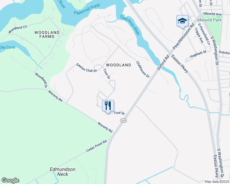 map of restaurants, bars, coffee shops, grocery stores, and more near 7537 Tour Drive in Easton