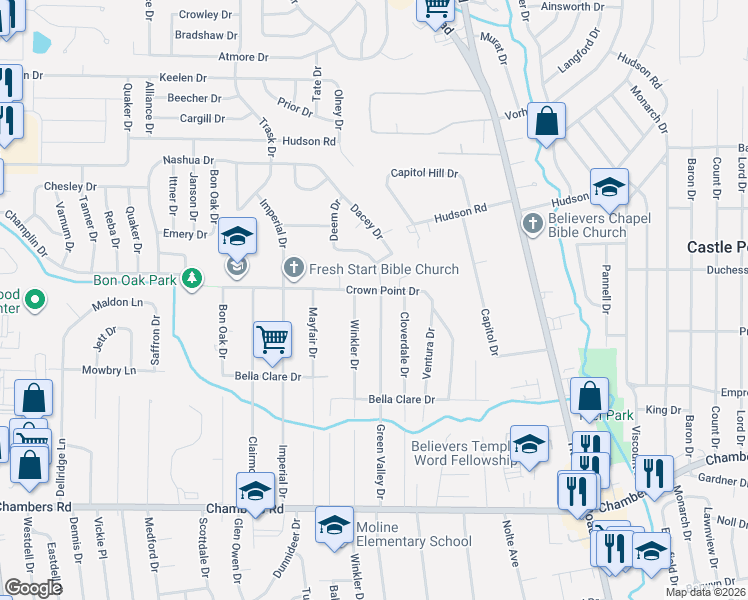 map of restaurants, bars, coffee shops, grocery stores, and more near 1937 Crown Point Drive in St. Louis