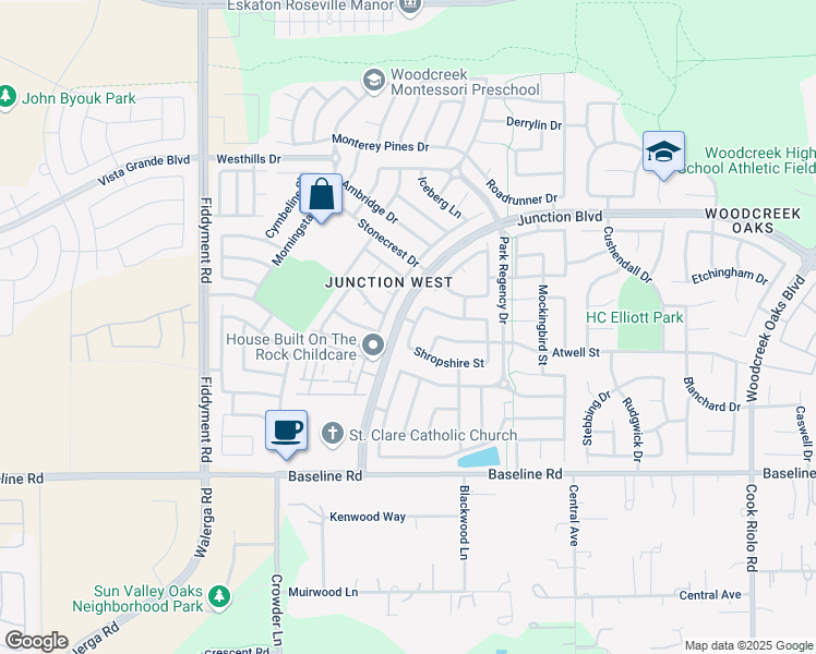 map of restaurants, bars, coffee shops, grocery stores, and more near 1920 Shropshire Street in Roseville