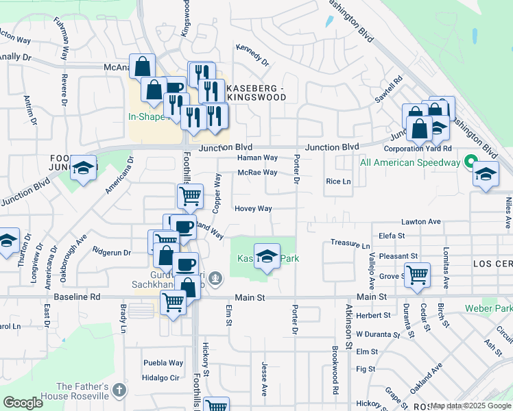 map of restaurants, bars, coffee shops, grocery stores, and more near 612 Hovey Way in Roseville