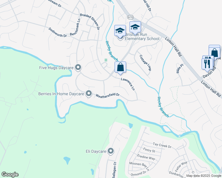 map of restaurants, bars, coffee shops, grocery stores, and more near 13291 McCartney Court in Bristow