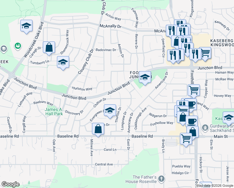 map of restaurants, bars, coffee shops, grocery stores, and more near 2243 Thurton Drive in Roseville