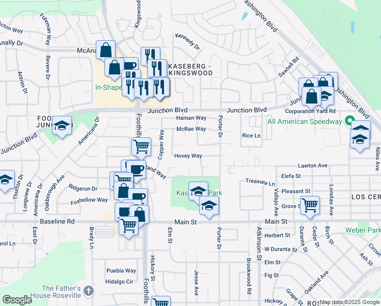 map of restaurants, bars, coffee shops, grocery stores, and more near 637 Lunardi Way in Roseville