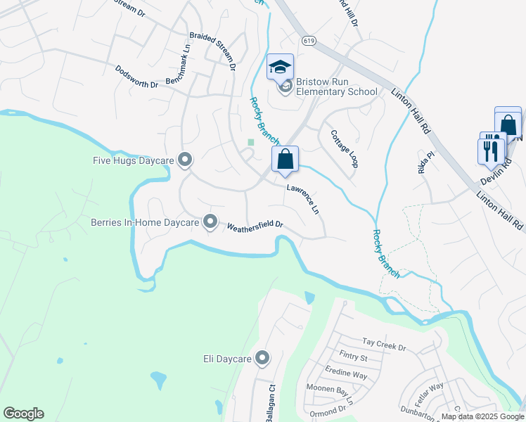 map of restaurants, bars, coffee shops, grocery stores, and more near 13291 McCartney Court in Bristow