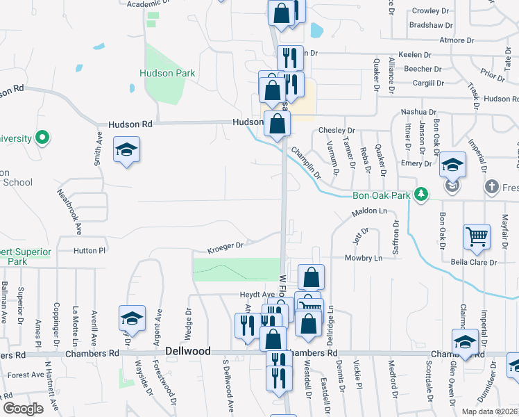 map of restaurants, bars, coffee shops, grocery stores, and more near 1377 Stein Road in Ferguson