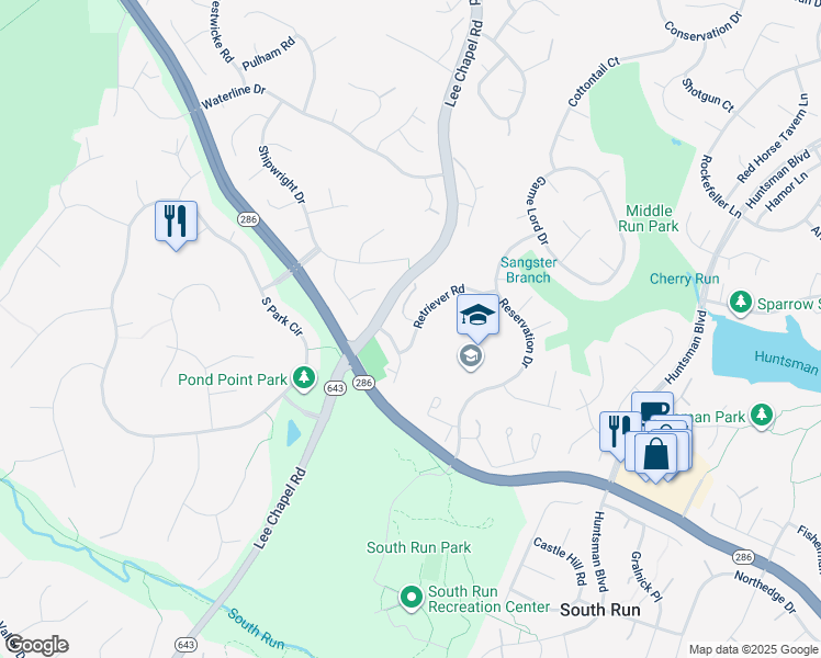 map of restaurants, bars, coffee shops, grocery stores, and more near 9516 Retriever Road in Burke