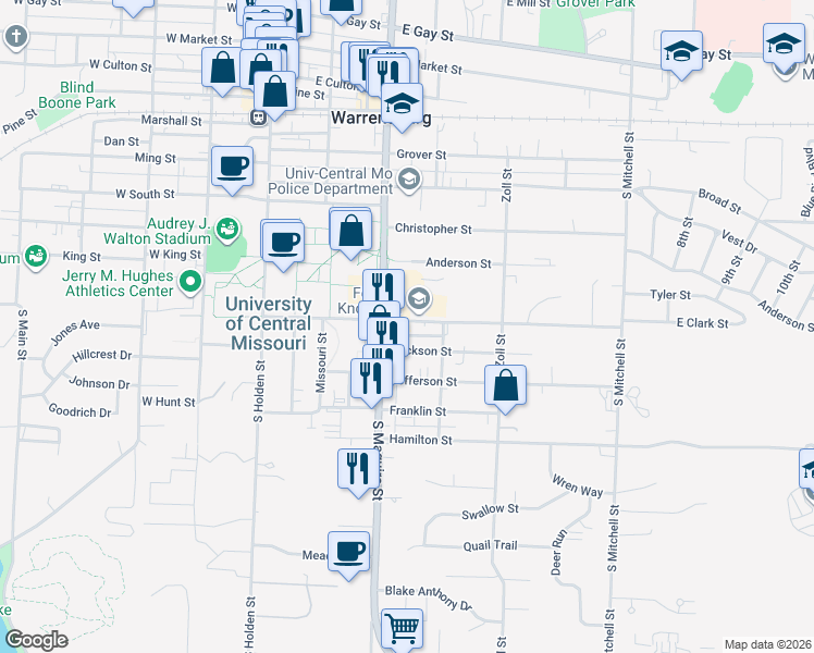 map of restaurants, bars, coffee shops, grocery stores, and more near 523 South Maguire Street in Warrensburg