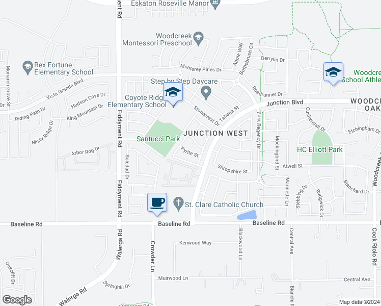 map of restaurants, bars, coffee shops, grocery stores, and more near Pyrite Street in Roseville
