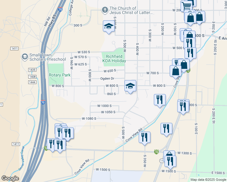 map of restaurants, bars, coffee shops, grocery stores, and more near 837 610 West in Richfield