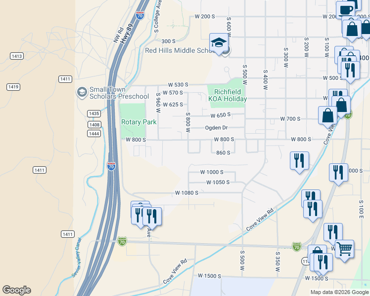 map of restaurants, bars, coffee shops, grocery stores, and more near 834 South 800 West in Richfield