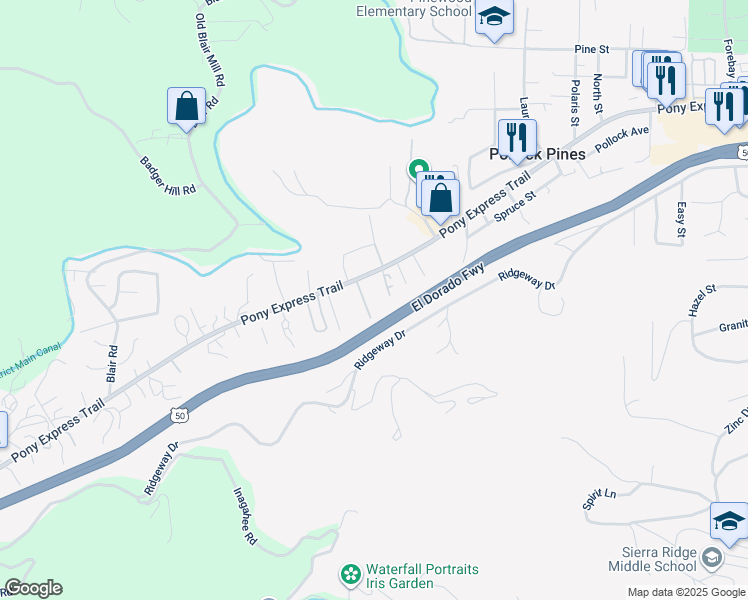 map of restaurants, bars, coffee shops, grocery stores, and more near 6068 Pony Express Trail in Pollock Pines