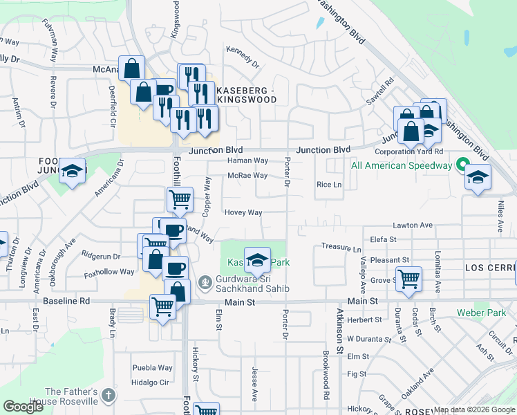 map of restaurants, bars, coffee shops, grocery stores, and more near 637 Lunardi Way in Roseville