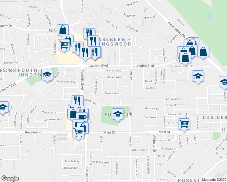 map of restaurants, bars, coffee shops, grocery stores, and more near 637 Lunardi Way in Roseville