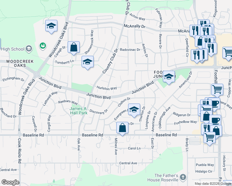 map of restaurants, bars, coffee shops, grocery stores, and more near 1718 Gateforth Court in Roseville