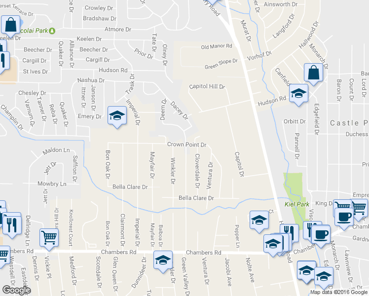 map of restaurants, bars, coffee shops, grocery stores, and more near 10193 Green Valley Drive in St. Louis