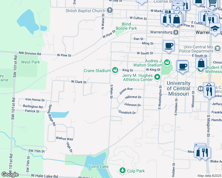 map of restaurants, bars, coffee shops, grocery stores, and more near 601 South Main Street in Warrensburg