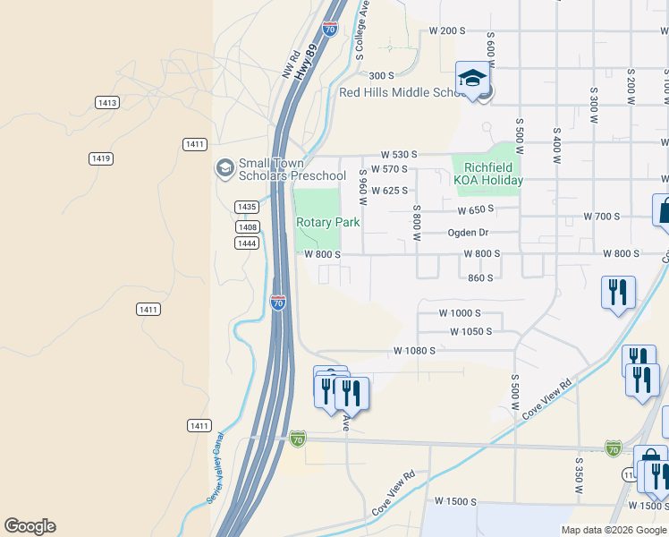 map of restaurants, bars, coffee shops, grocery stores, and more near 827 South 1030 West in Richfield