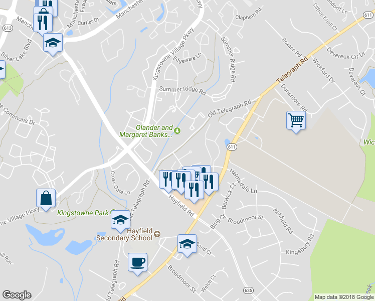 map of restaurants, bars, coffee shops, grocery stores, and more near 7456 Towchester Court in Alexandria