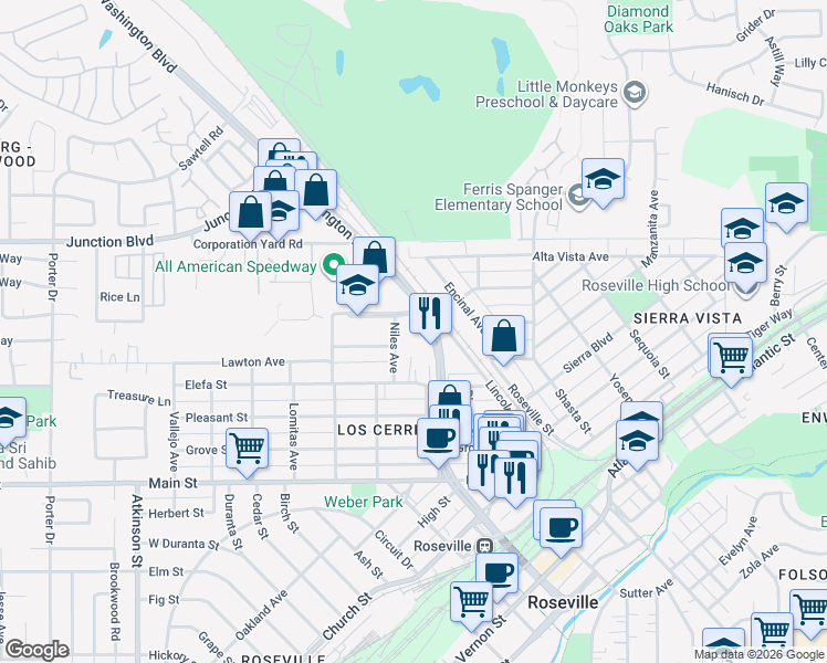 map of restaurants, bars, coffee shops, grocery stores, and more near in Roseville