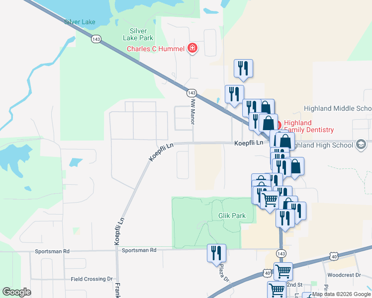 map of restaurants, bars, coffee shops, grocery stores, and more near 12445 Koepfli Lane in Highland