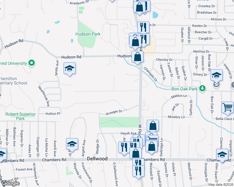 map of restaurants, bars, coffee shops, grocery stores, and more near 905 Roussillon Court in Ferguson