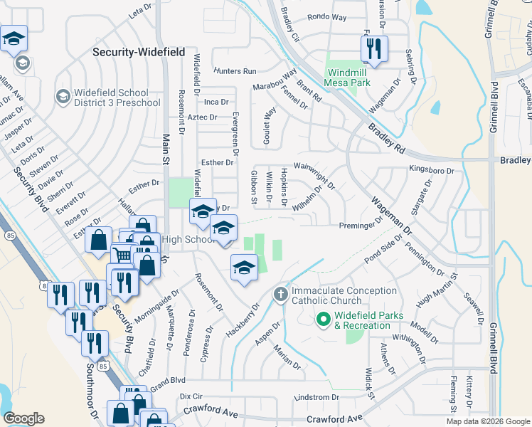 map of restaurants, bars, coffee shops, grocery stores, and more near 4969 Gibbon Street in Colorado Springs