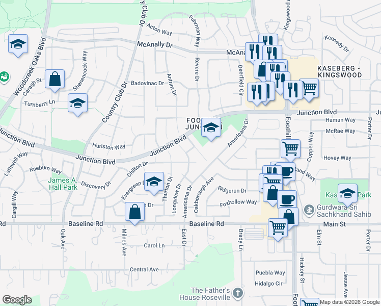 map of restaurants, bars, coffee shops, grocery stores, and more near 2270 Longview Drive in Roseville