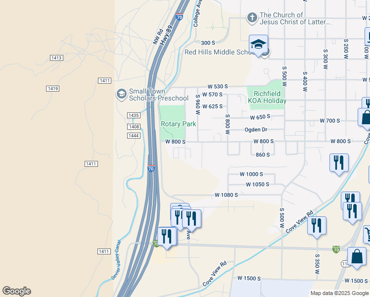 map of restaurants, bars, coffee shops, grocery stores, and more near 1058 West 820 South in Richfield
