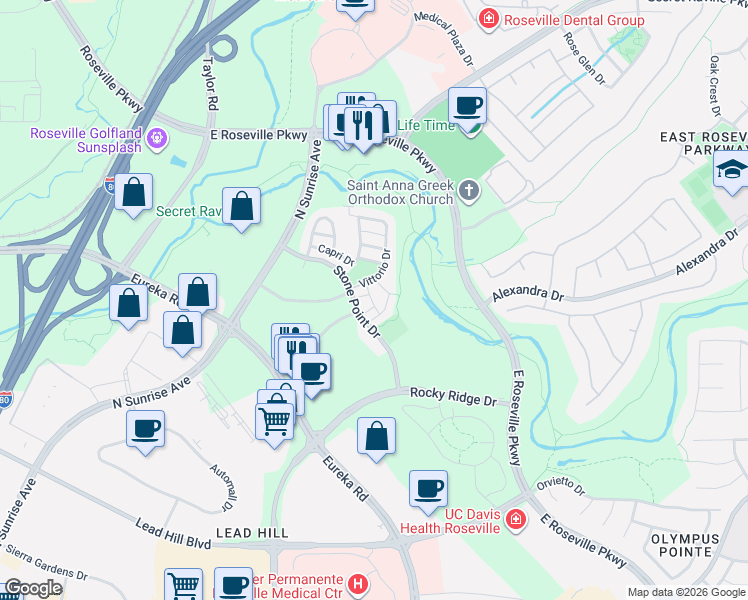 map of restaurants, bars, coffee shops, grocery stores, and more near 1455 Stone Point Drive in Roseville