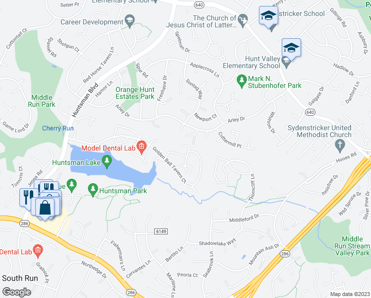 map of restaurants, bars, coffee shops, grocery stores, and more near 7312 Glendower Court in Springfield