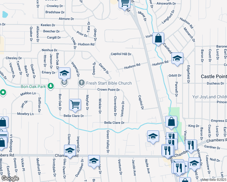map of restaurants, bars, coffee shops, grocery stores, and more near 10199 Cloverdale Drive in St. Louis