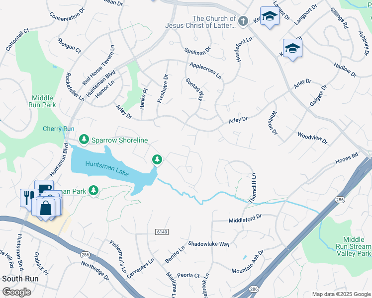 map of restaurants, bars, coffee shops, grocery stores, and more near 7312 Glendower Court in Springfield