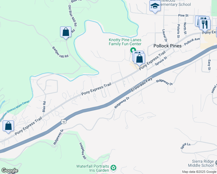 map of restaurants, bars, coffee shops, grocery stores, and more near 6022 Pony Express Trail in Pollock Pines