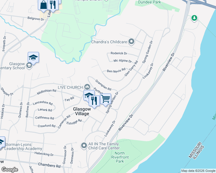 map of restaurants, bars, coffee shops, grocery stores, and more near 153 Grampian Road in St. Louis