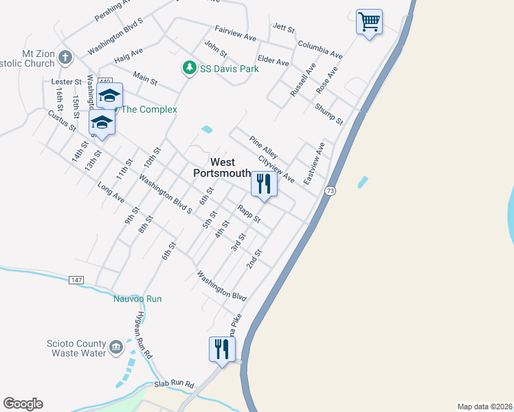 map of restaurants, bars, coffee shops, grocery stores, and more near 307 Calverts Lane in West Portsmouth