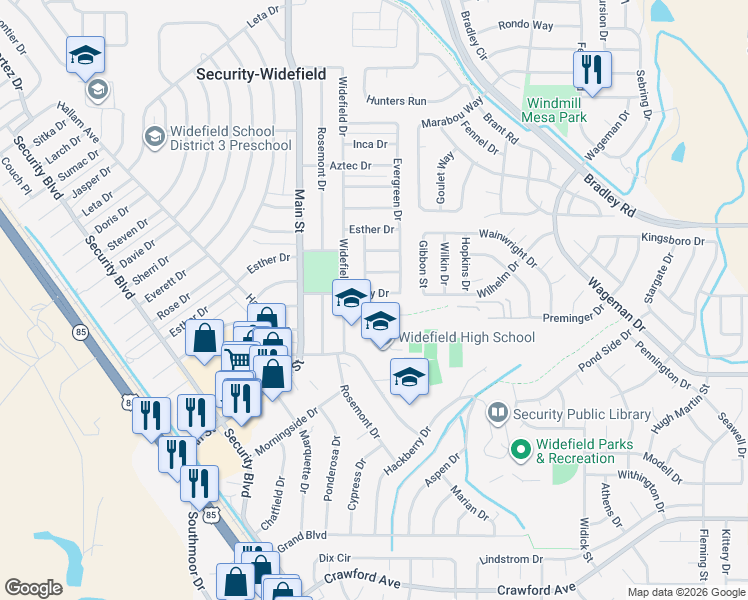 map of restaurants, bars, coffee shops, grocery stores, and more near 517 Holly Drive in Colorado Springs